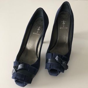 suede navy blu black buckle, heel 4”